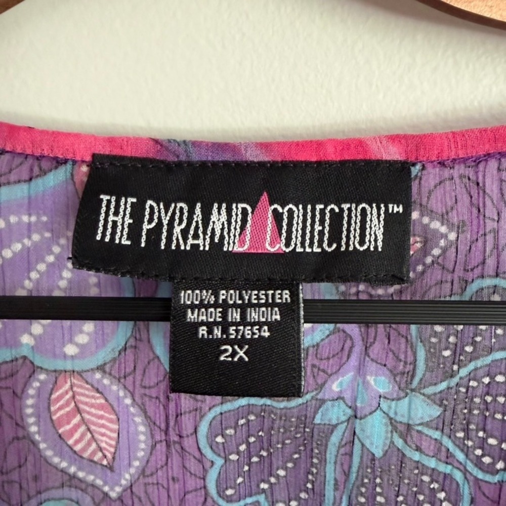 Pyramid Collection Floral Sheer Chiffon Tunic Top 2X Boho Button Up Colorful - Picture 6 of 9